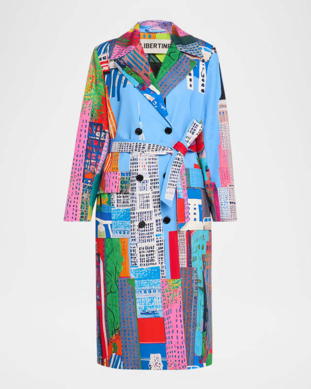 NYC Cityscape-Print Belted Long Trench Coat